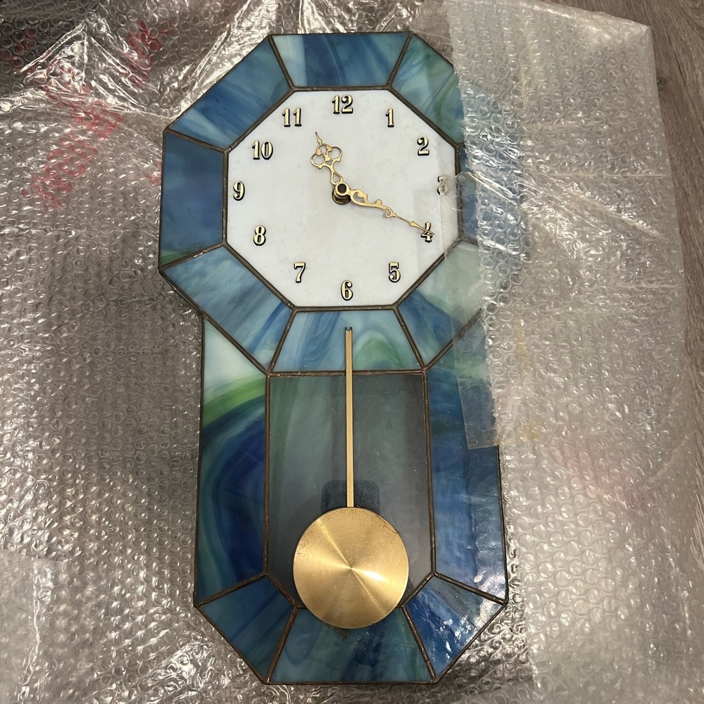 Elegant Blue and Gold Wall Clock stained glass vintage